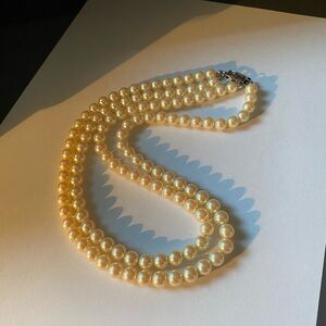 Vintage Classic Double Strand Cream Glass Pearl Necklace